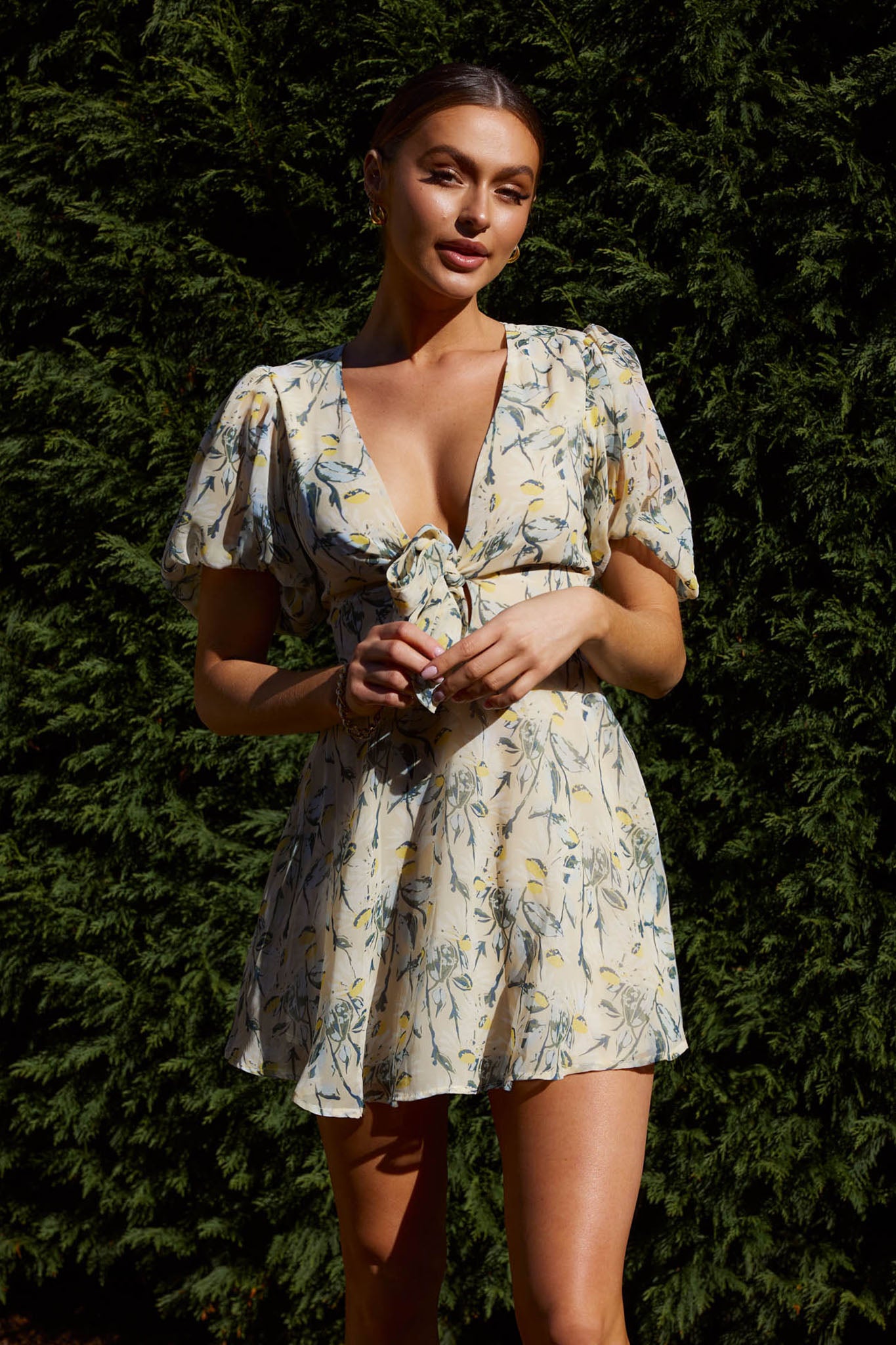 Madison Bow Tie Bust Puff Sleeve Dress Floral Green-Maymioy