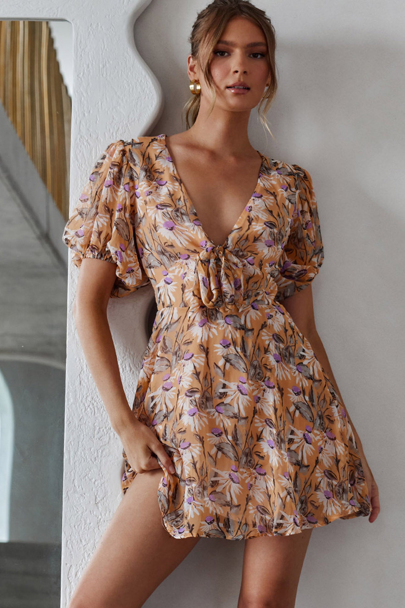 Madison Bow Tie Bust Puff Sleeve Dress Floral Orange-Maymioy