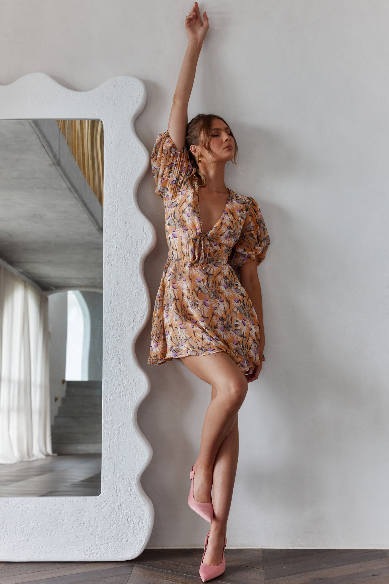 Madison Bow Tie Bust Puff Sleeve Dress Floral Orange-Maymioy