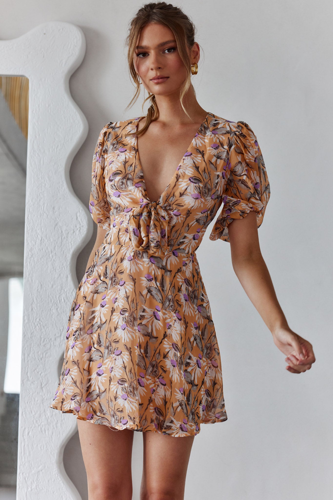 Madison Bow Tie Bust Puff Sleeve Dress Floral Orange-Maymioy