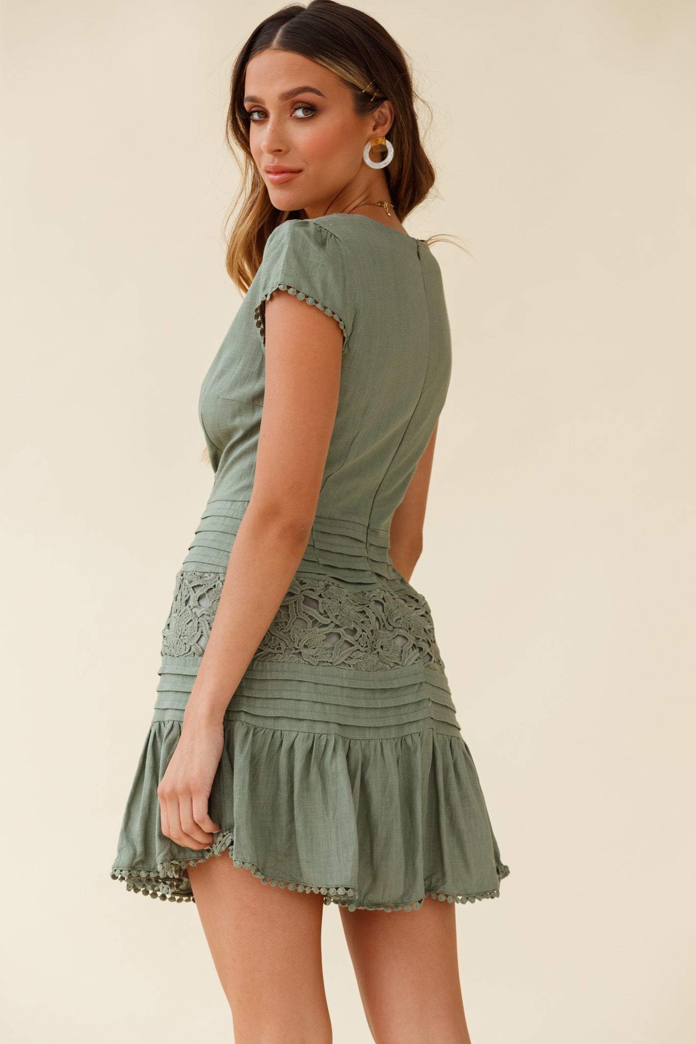 Storybook Cap Sleeve Pintuck Detail Dress Olive-Maymioy