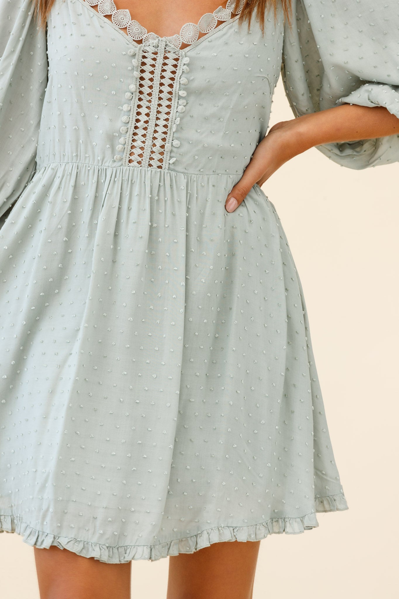 Dream Lover Puff Sleeve Crochet Insert Dress Olive-Maymioy