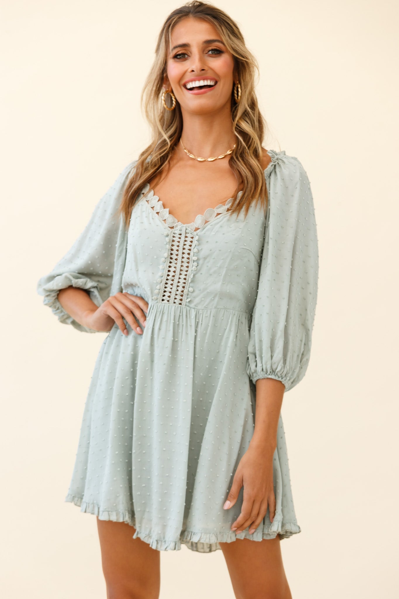 Dream Lover Puff Sleeve Crochet Insert Dress Olive-Maymioy