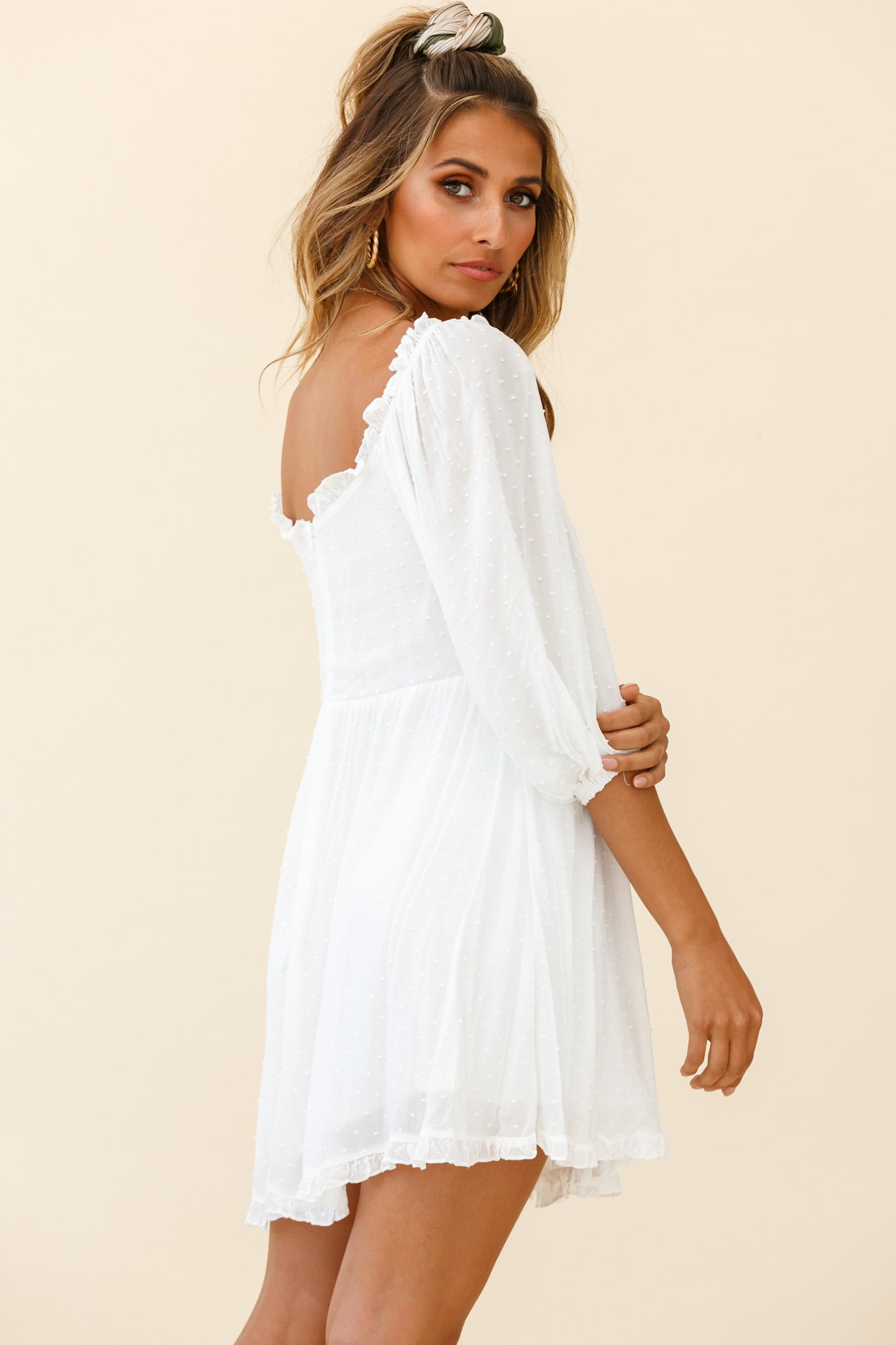 Dream Lover Puff Sleeve Crochet Insert Dress White-Maymioy