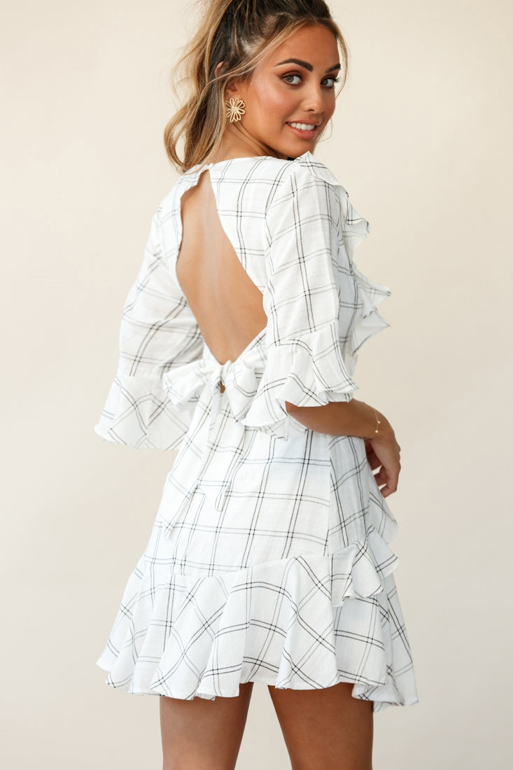 Ondina Ruffle Trimmed Keyhole Back Dress Check Print White-Maymioy