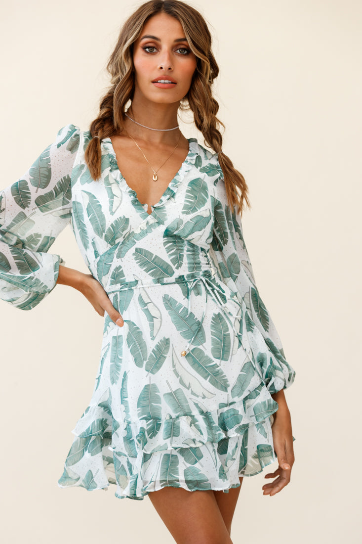 Tozzi Long Balloon Sleeve V-Neckline Dress Feather Print White-Maymioy