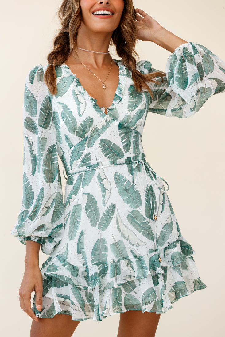 Tozzi Long Balloon Sleeve V-Neckline Dress Feather Print White-Maymioy