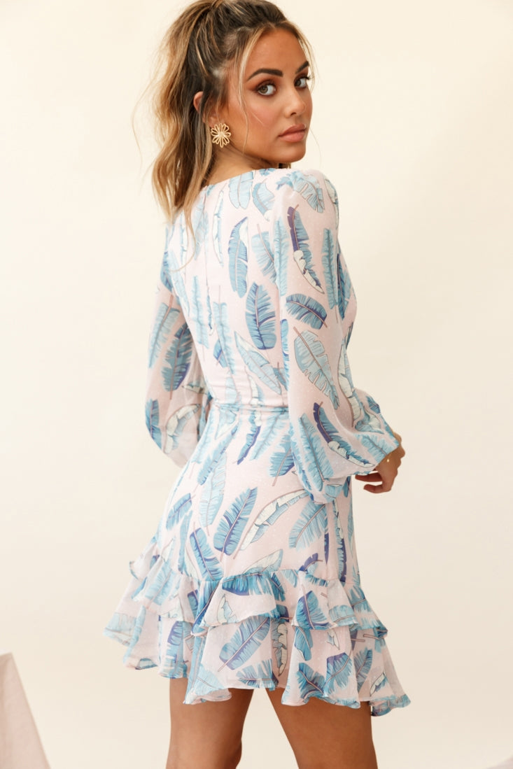 Tozzi Long Balloon Sleeve V-Neckline Dress Feather Print Blush-Maymioy