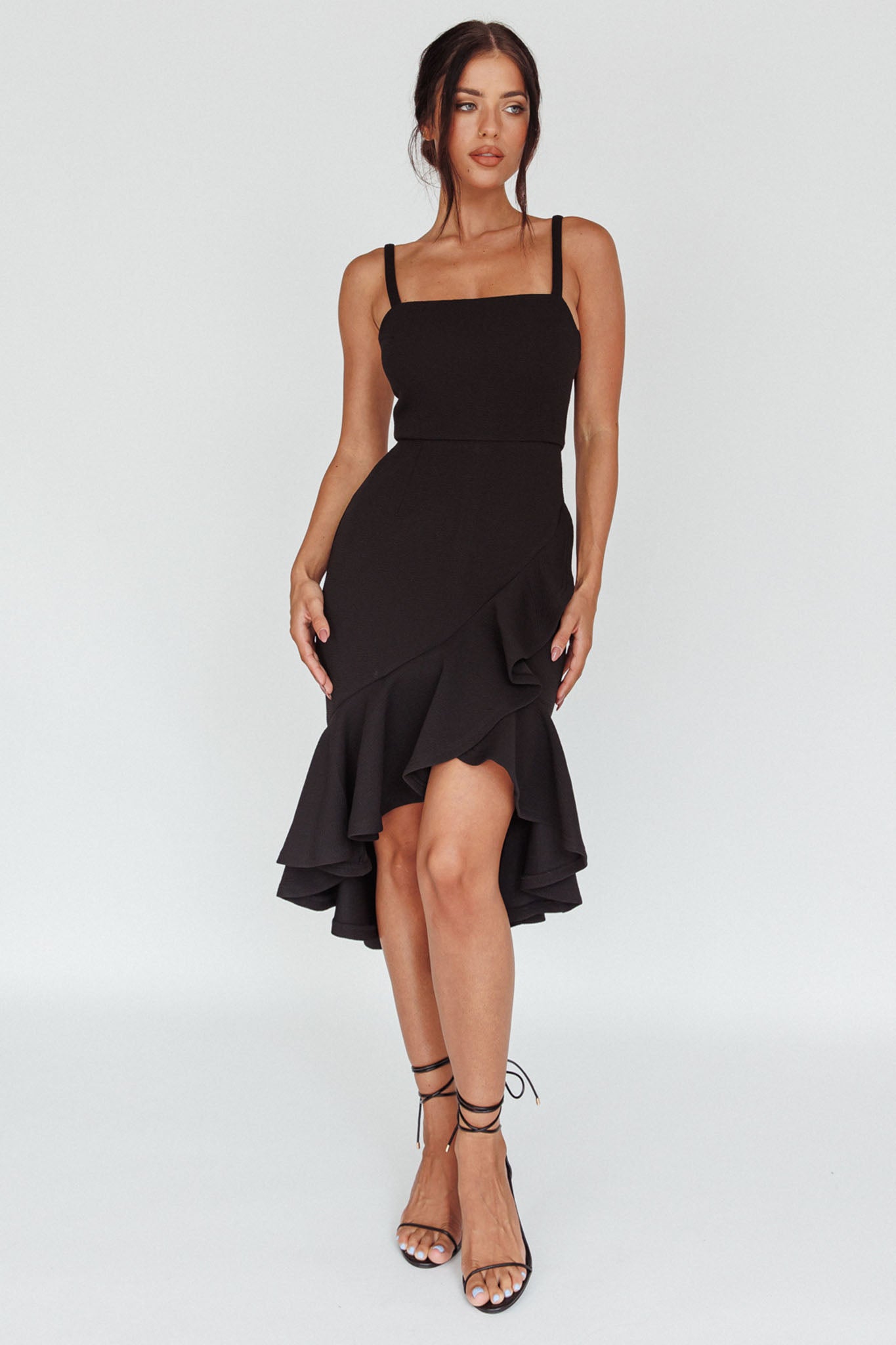 Cartagena High-Low Asymmetric Salsa Dress Black-Maymioy