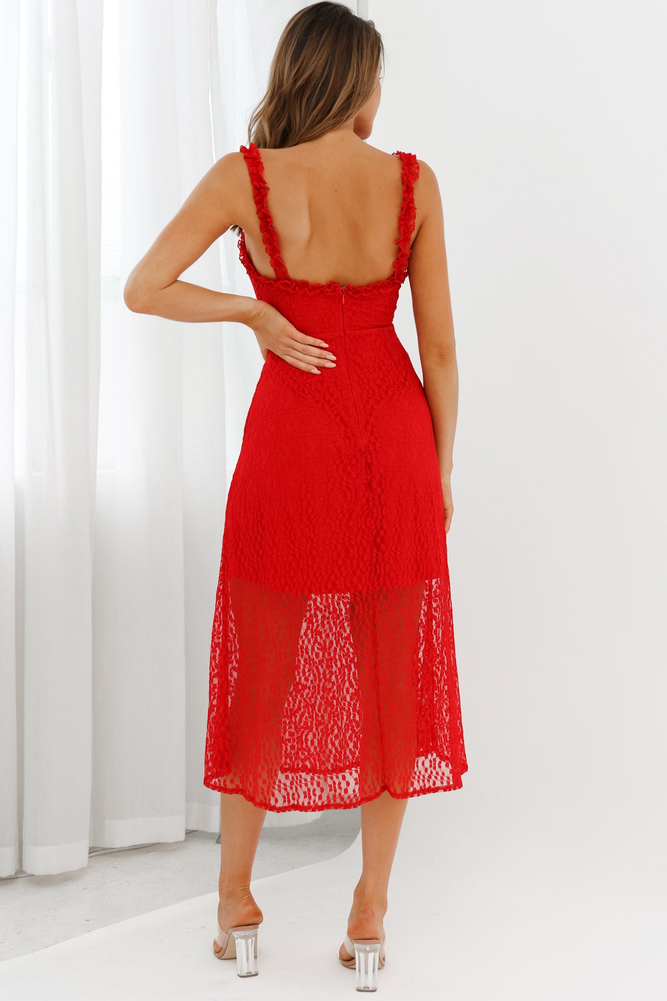 Isadora Mesh Overlay Frill Trim Neckline Midi Dress Red-Maymioy