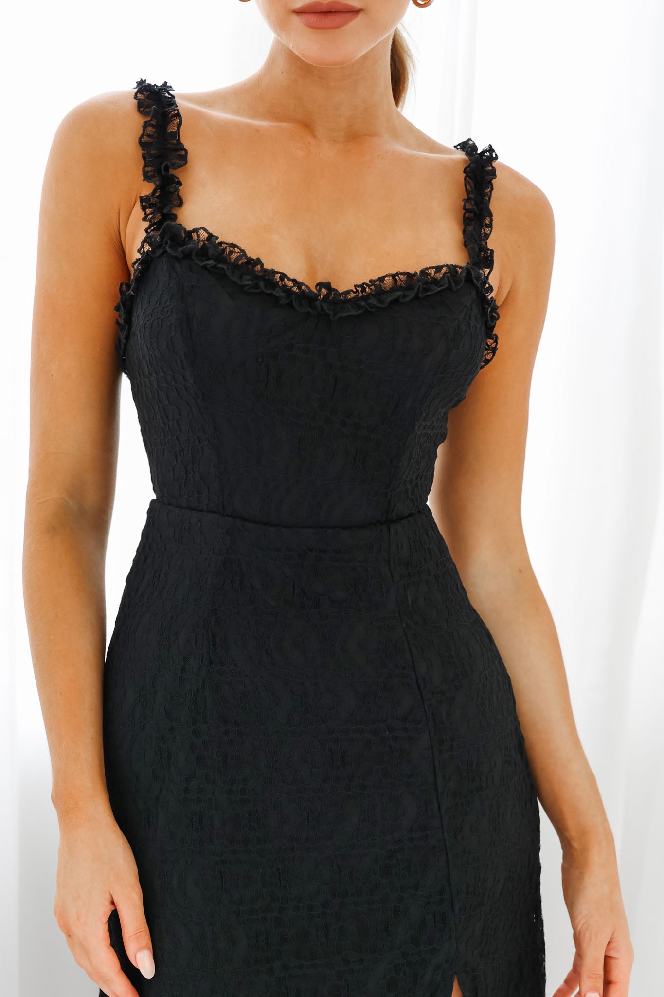 Isadora Mesh Overlay Frill Trim Neckline Midi Dress Black-Maymioy