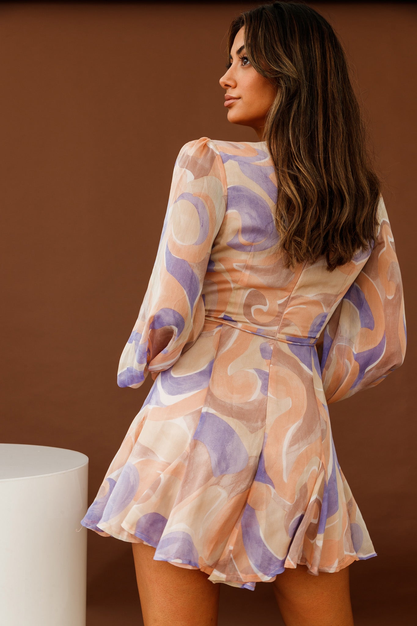 Estelle Long Sleeve V-Neckline Dress Swirl Print Nude/Purple-Maymioy