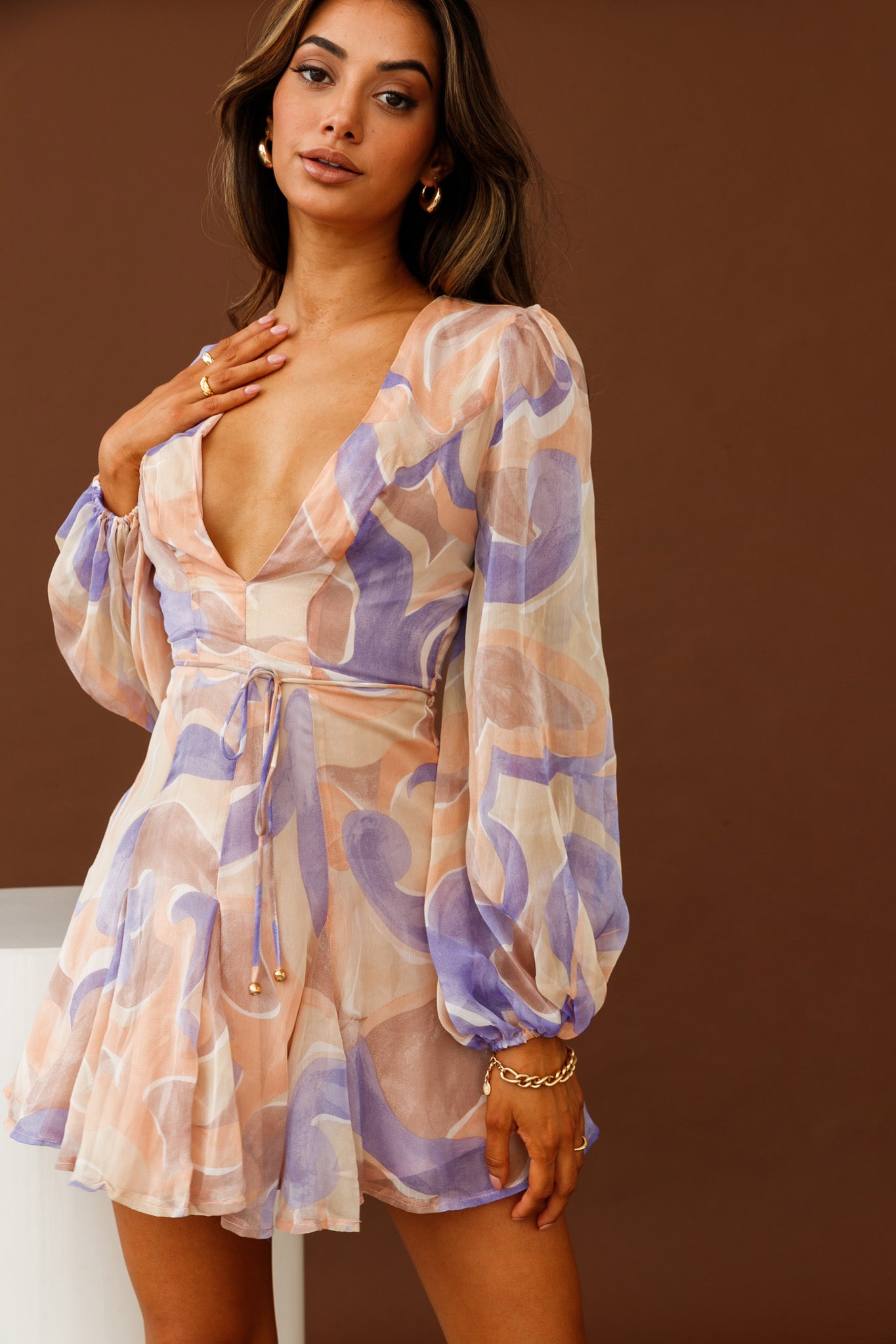 Estelle Long Sleeve V-Neckline Dress Swirl Print Nude/Purple-Maymioy
