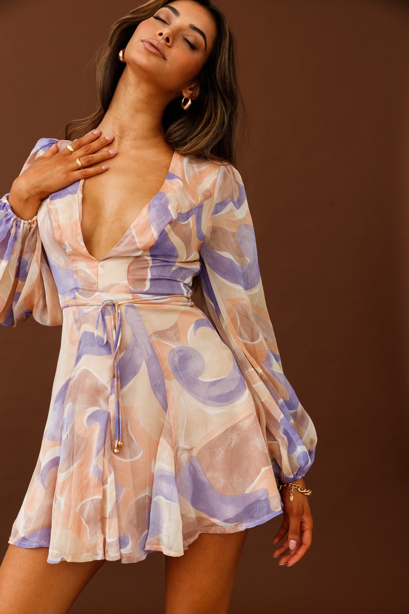 Estelle Long Sleeve V-Neckline Dress Swirl Print Nude/Purple-Maymioy