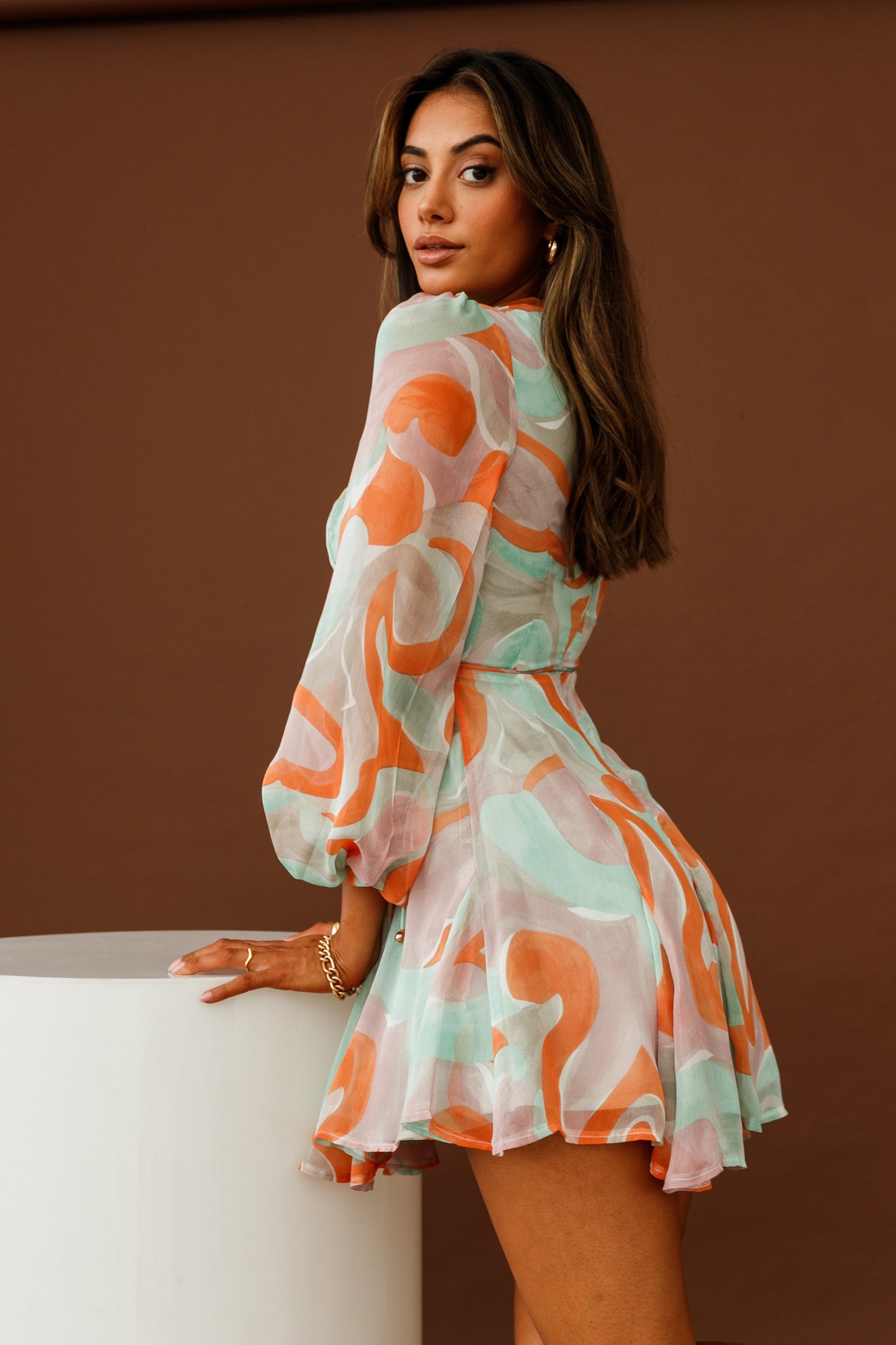 Estelle Long Sleeve V-Neckline Dress Swirl Print Orange/Mint-Maymioy