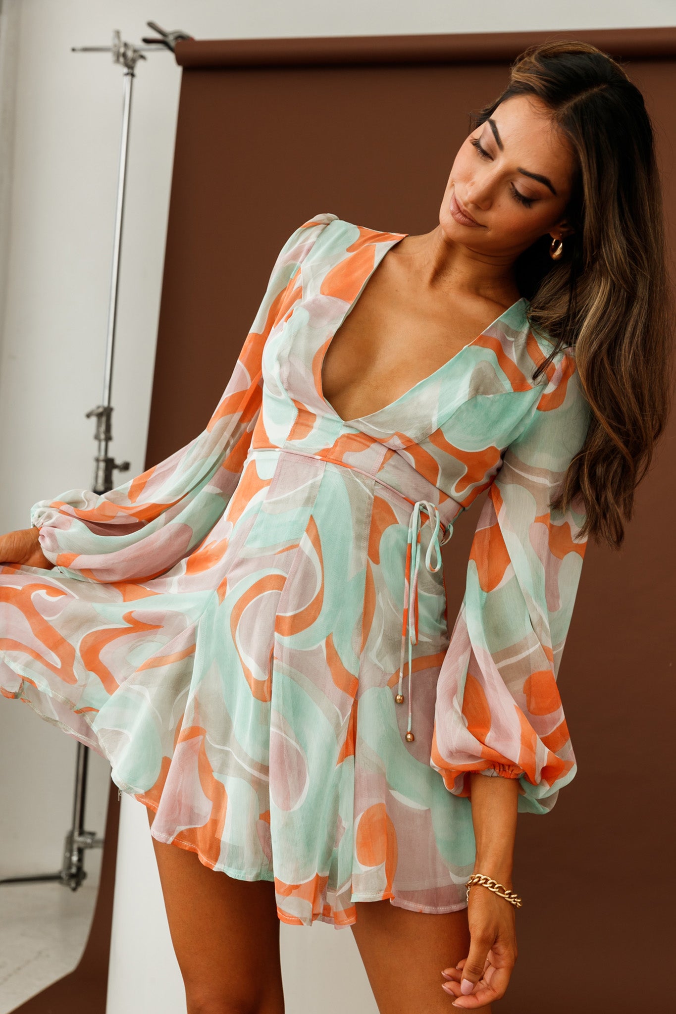 Estelle Long Sleeve V-Neckline Dress Swirl Print Orange/Mint-Maymioy