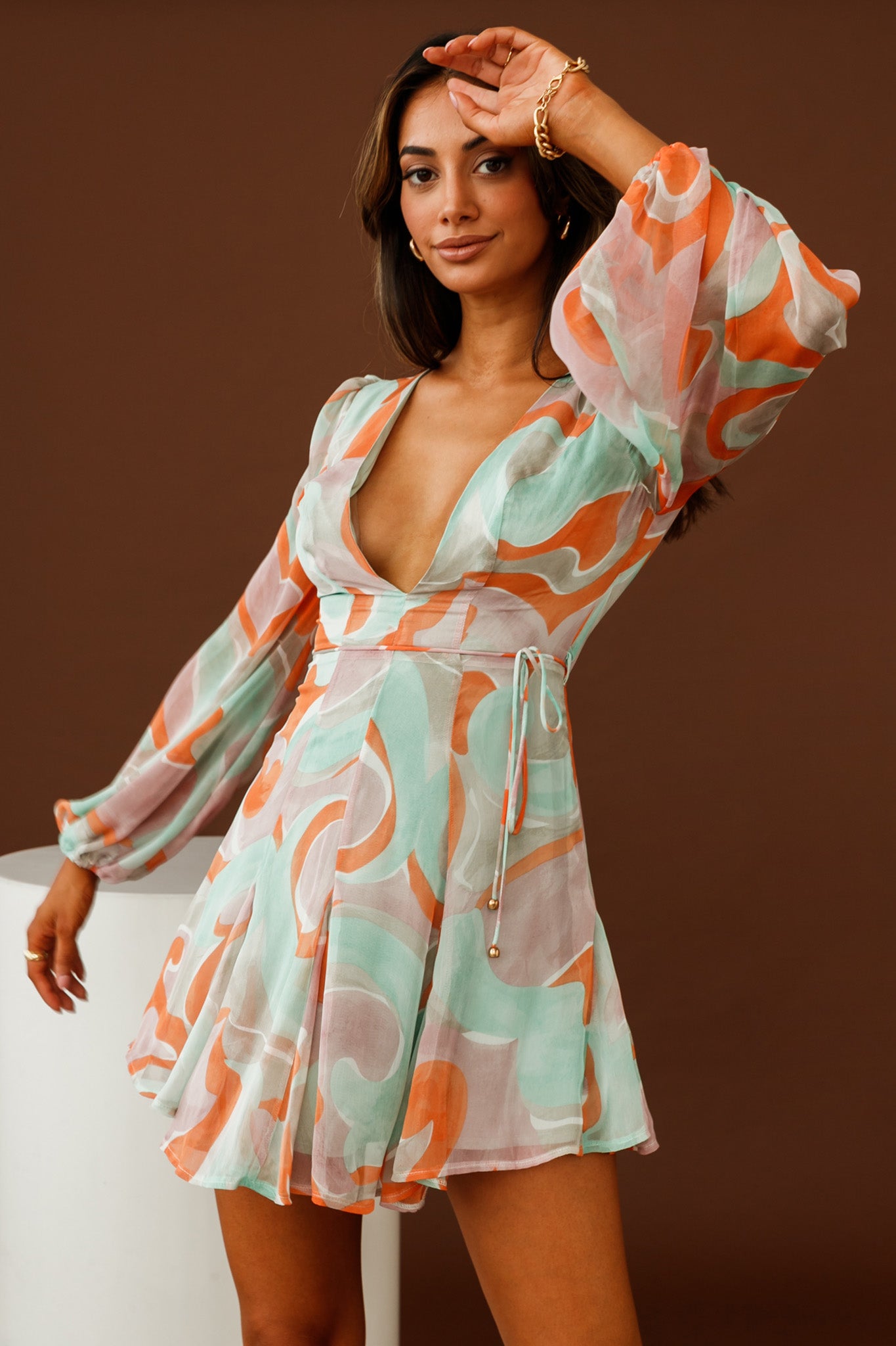 Estelle Long Sleeve V-Neckline Dress Swirl Print Orange/Mint-Maymioy
