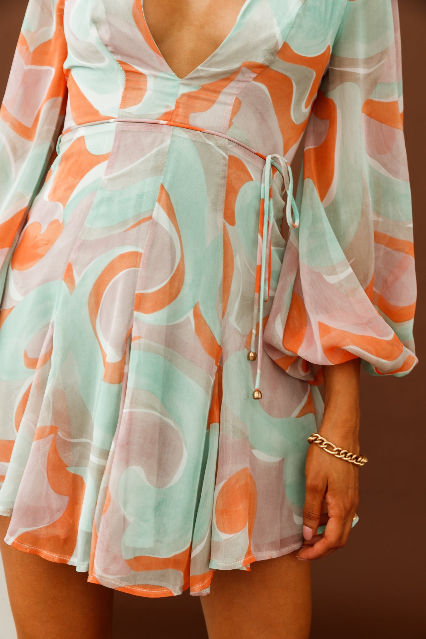 Estelle Long Sleeve V-Neckline Dress Swirl Print Orange/Mint-Maymioy