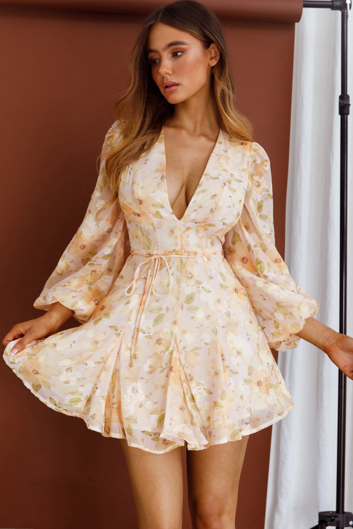 Estelle Long Sleeve V-Neckline Dress Watercolor Floral Print Peach-Maymioy