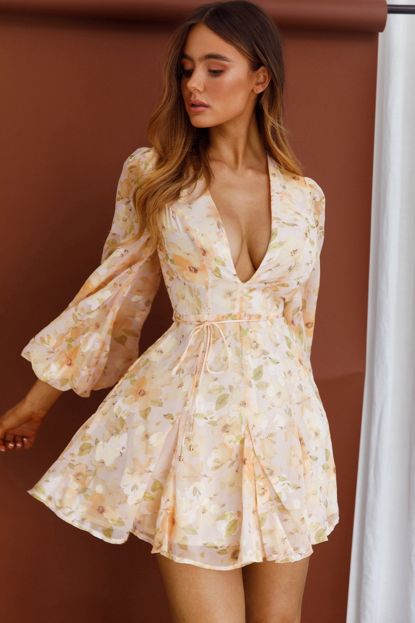 Estelle Long Sleeve V-Neckline Dress Watercolor Floral Print Peach-Maymioy