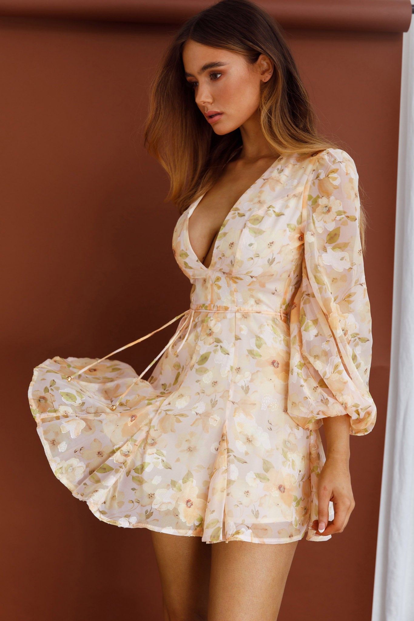 Estelle Long Sleeve V-Neckline Dress Watercolor Floral Print Peach-Maymioy