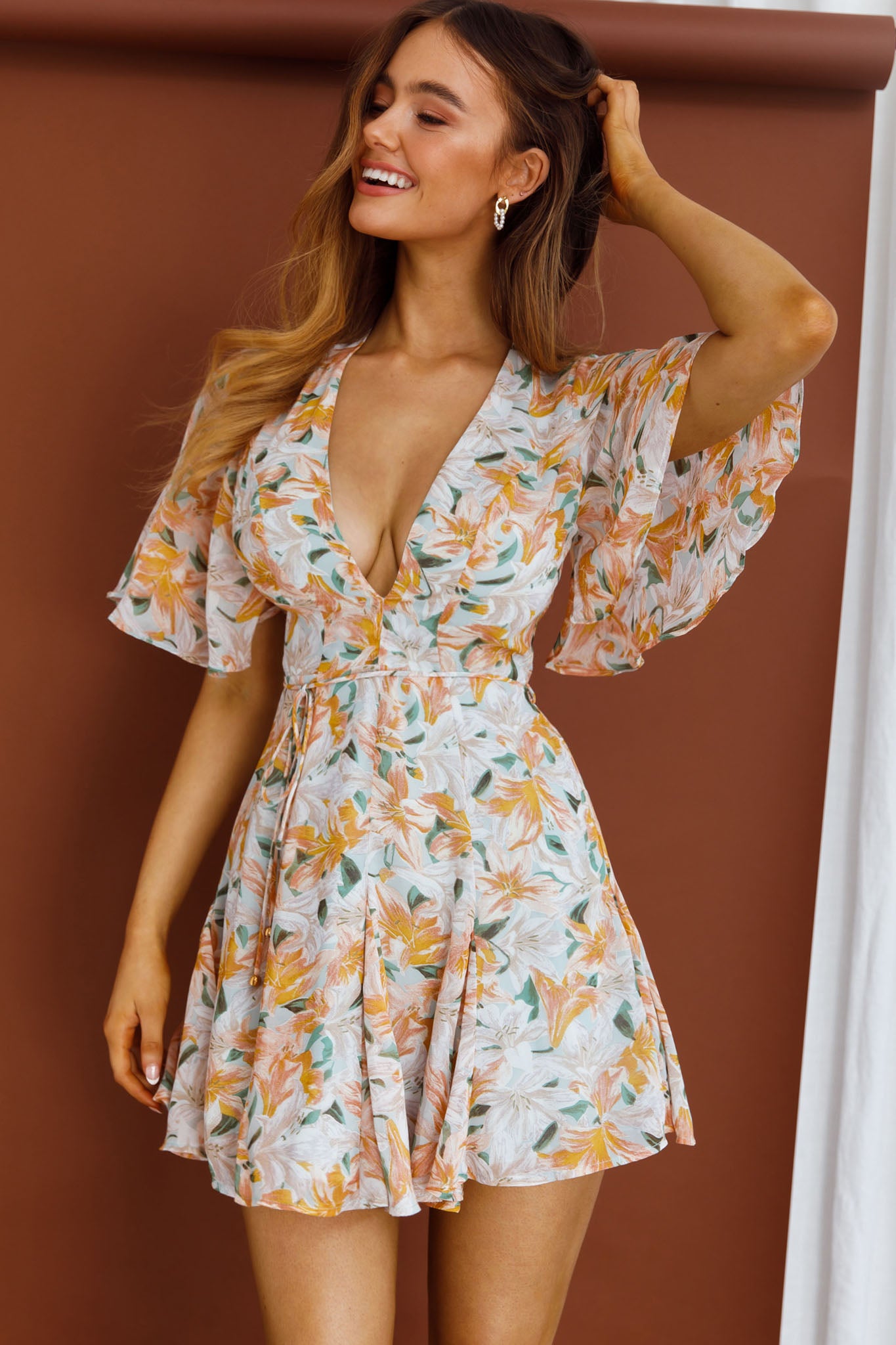 Estelle Angel Sleeve Dress Lily Print Blue-Maymioy