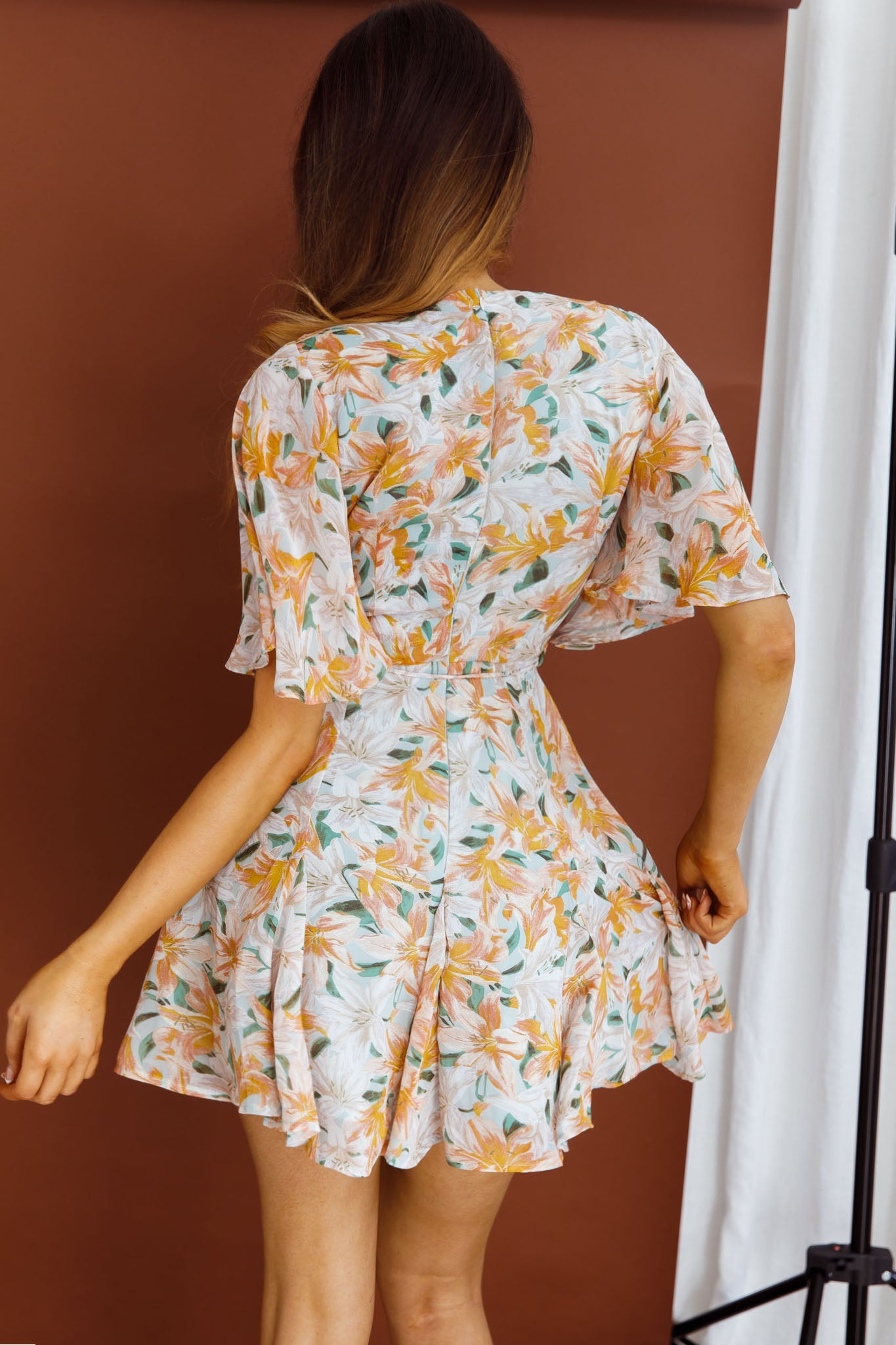Estelle Angel Sleeve Dress Lily Print Blue-Maymioy