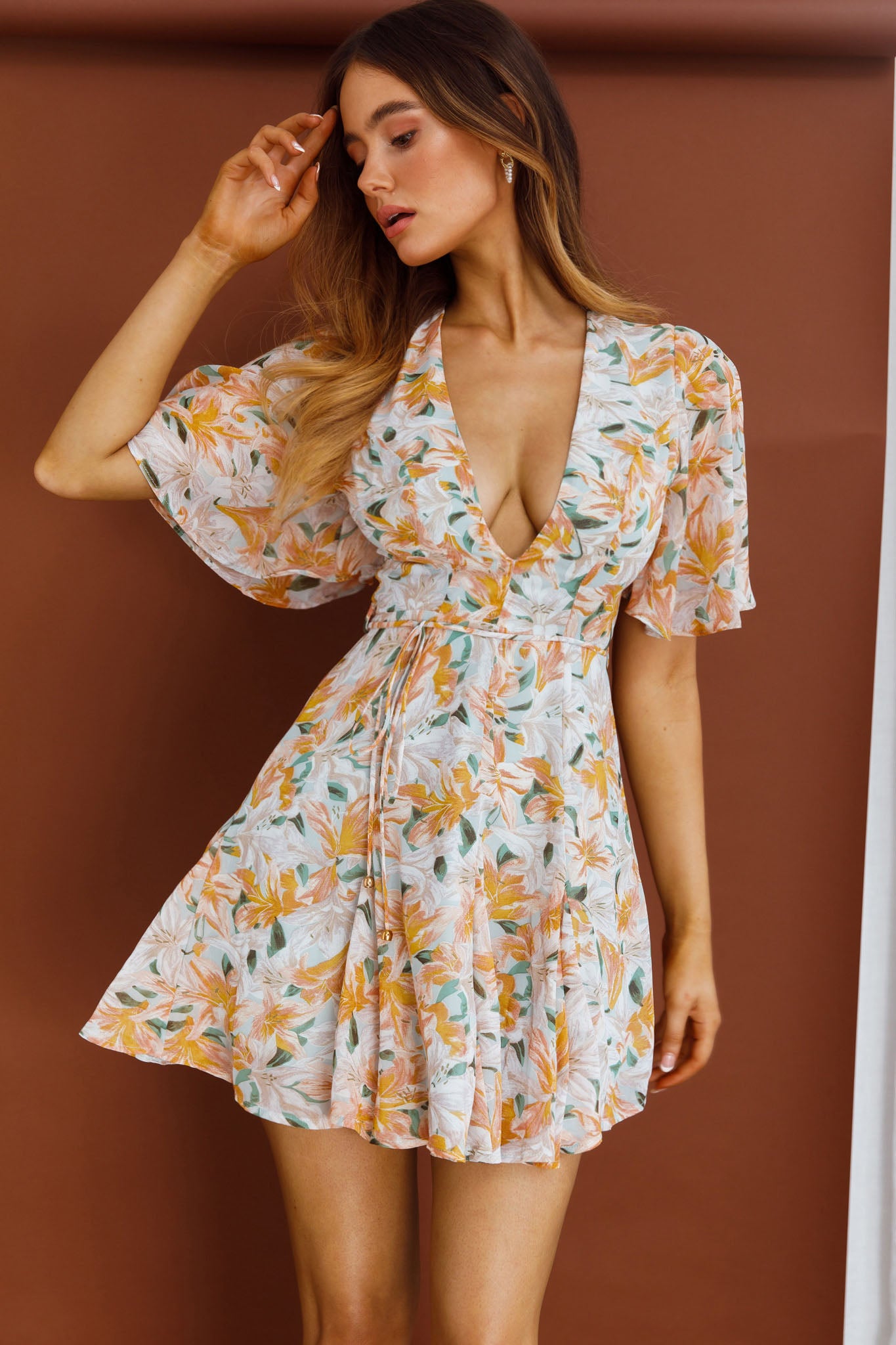 Estelle Angel Sleeve Dress Lily Print Blue-Maymioy