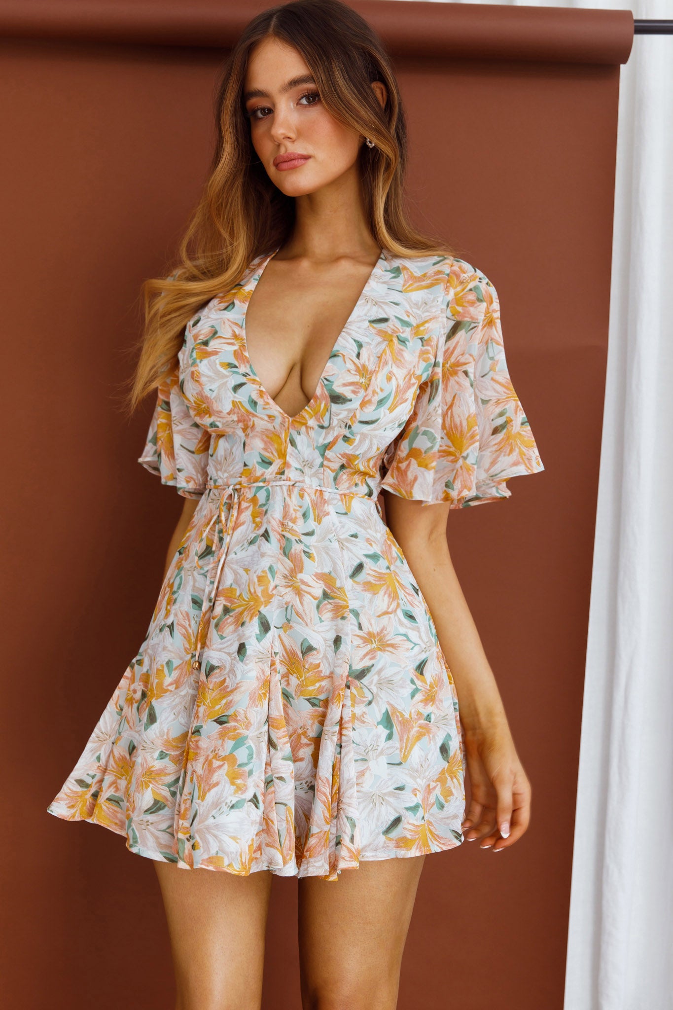 Estelle Angel Sleeve Dress Lily Print Blue-Maymioy