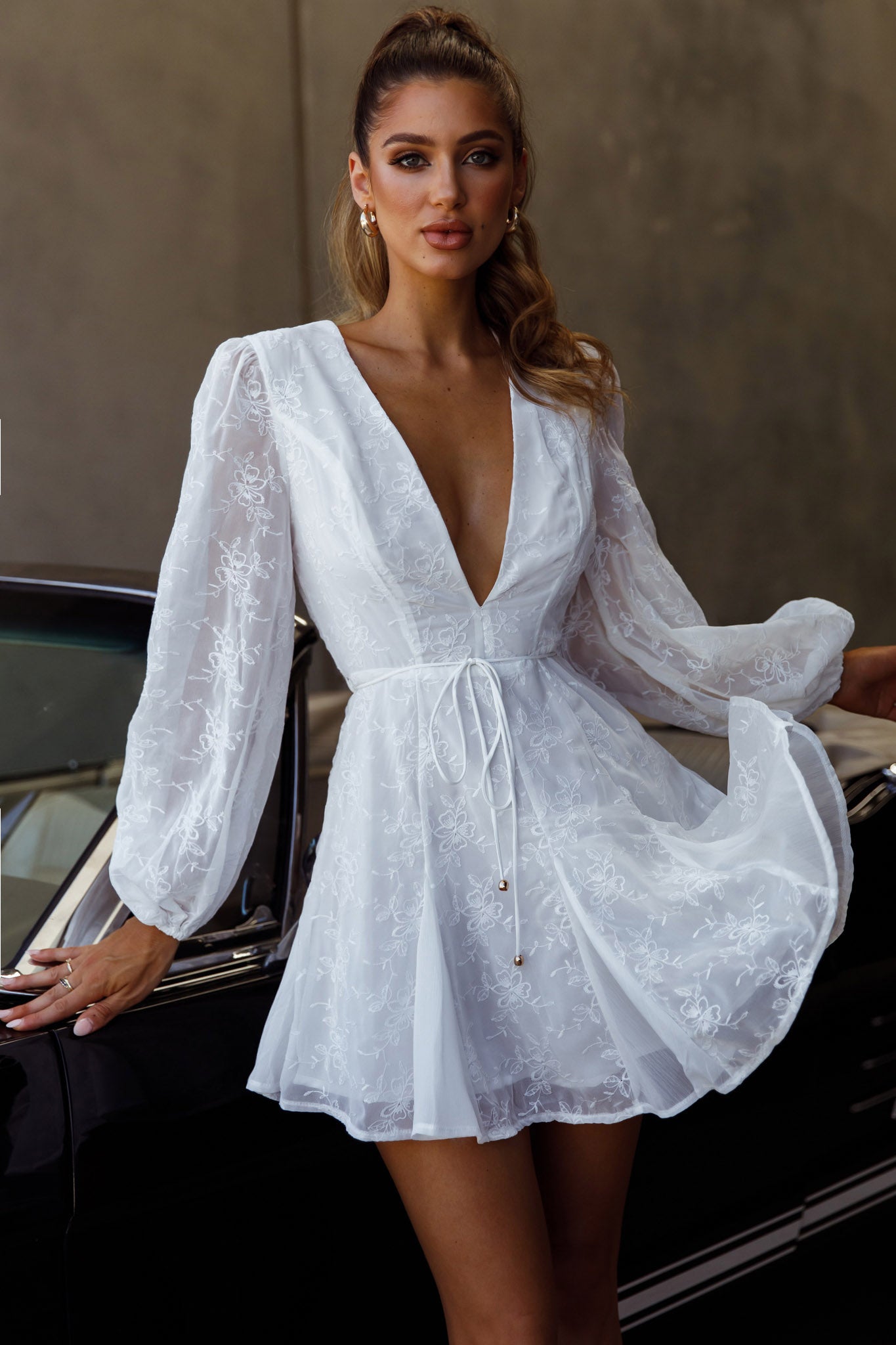 Estelle Long Sleeve V-Neckline Dress Embroidered White-Maymioy