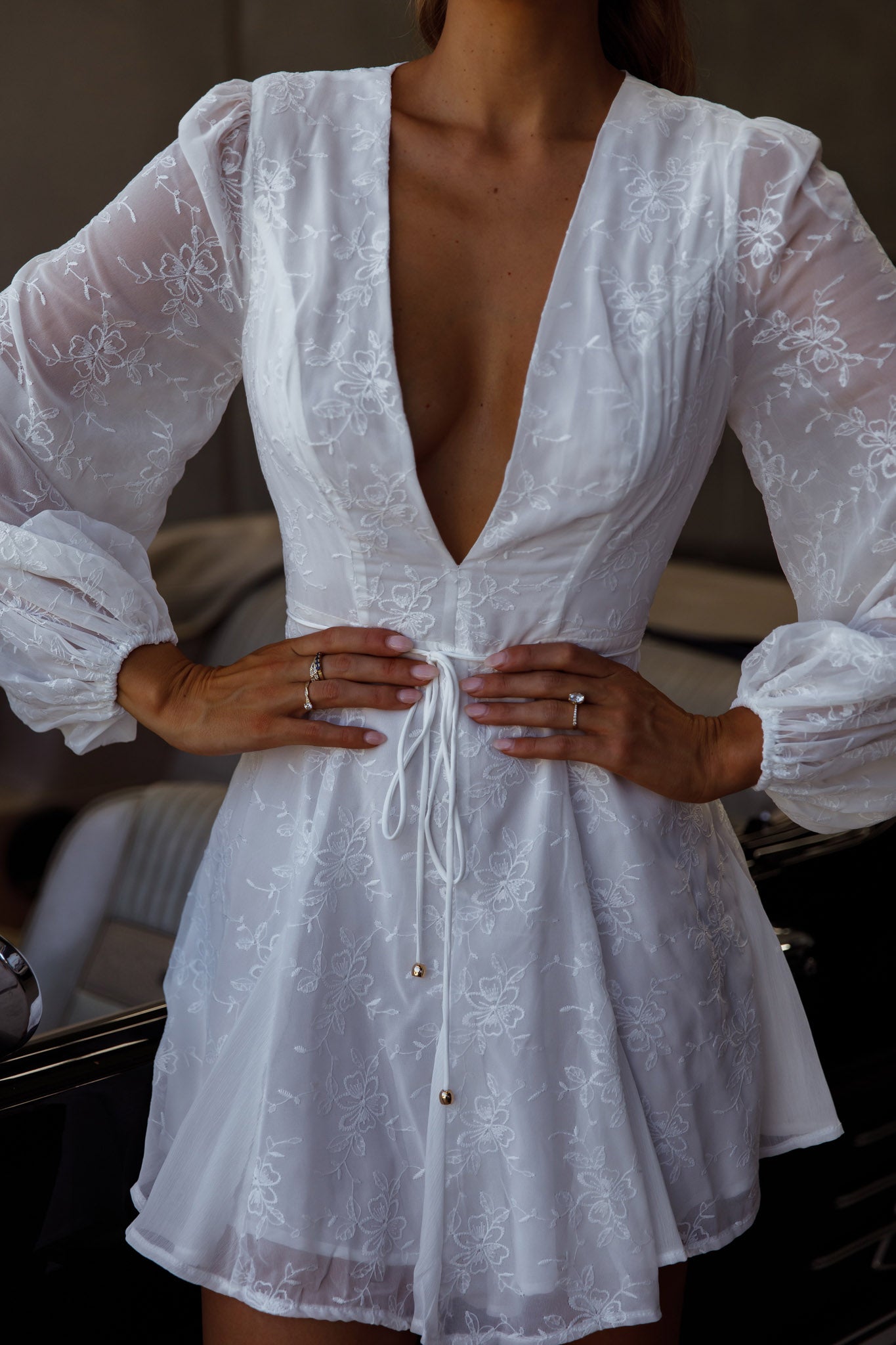 Estelle Long Sleeve V-Neckline Dress Embroidered White-Maymioy