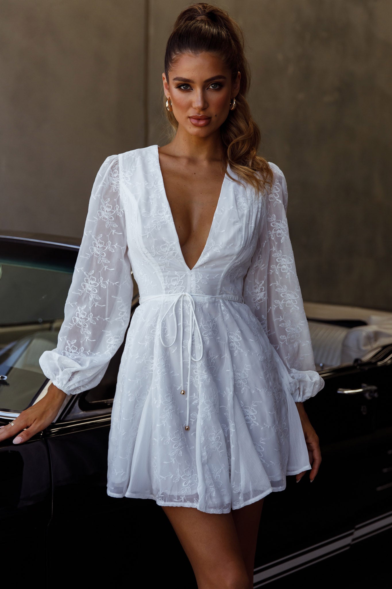 Estelle Long Sleeve V-Neckline Dress Embroidered White-Maymioy