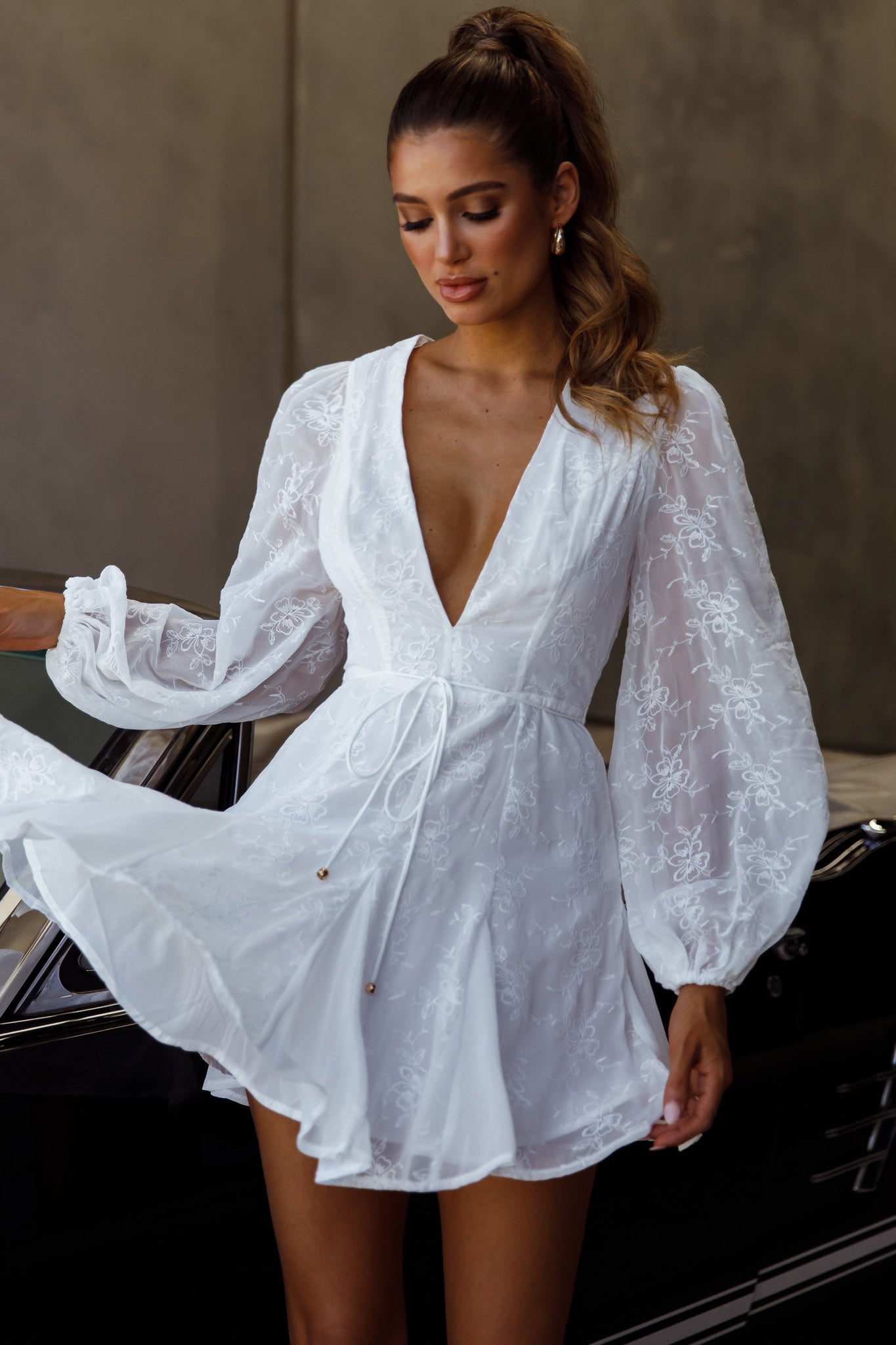 Estelle Long Sleeve V-Neckline Dress Embroidered White-Maymioy