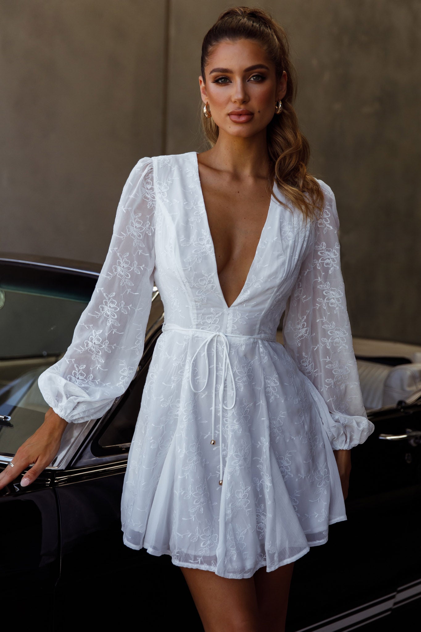 Estelle Long Sleeve V-Neckline Dress Embroidered White-Maymioy