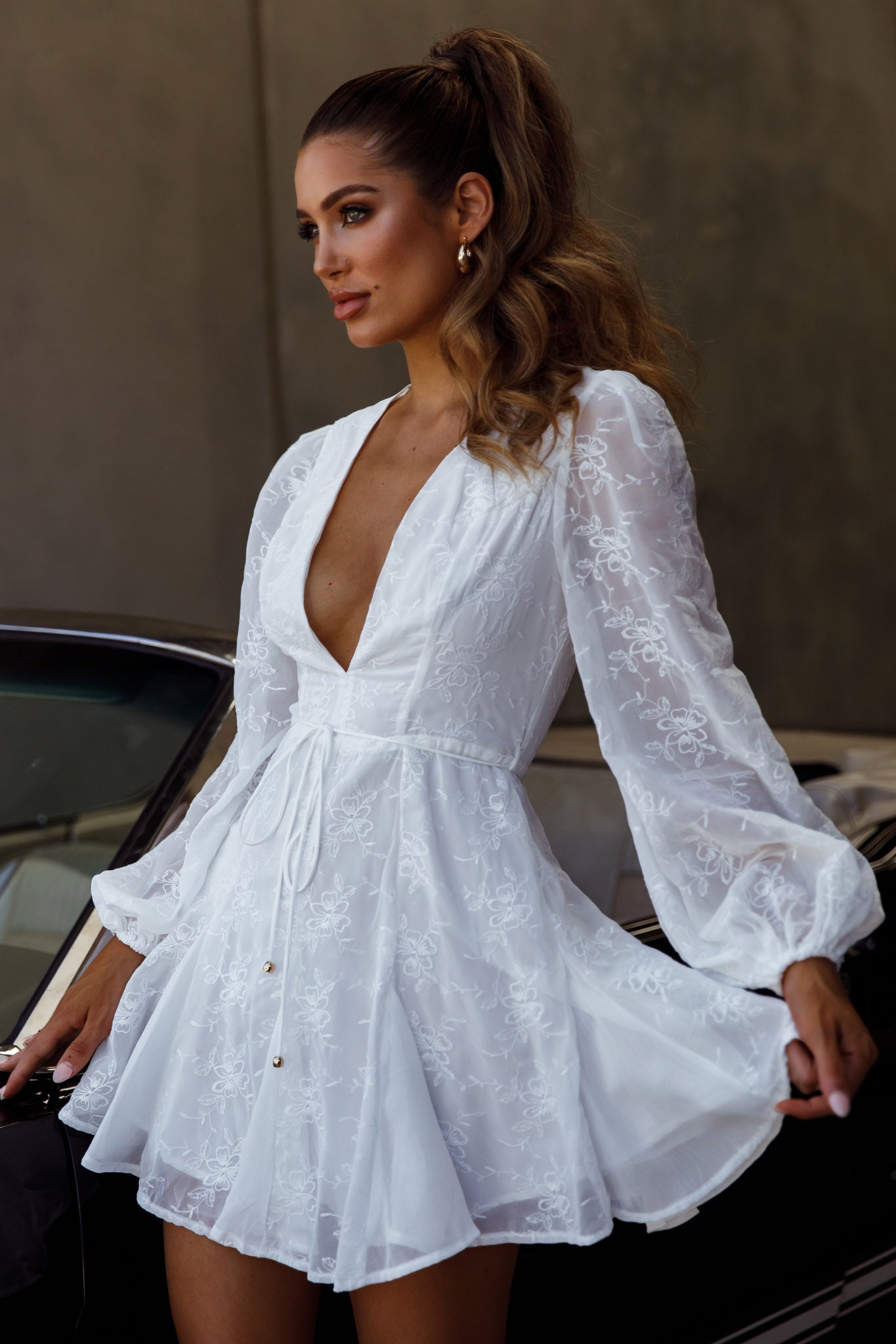 Estelle Long Sleeve V-Neckline Dress Embroidered White-Maymioy