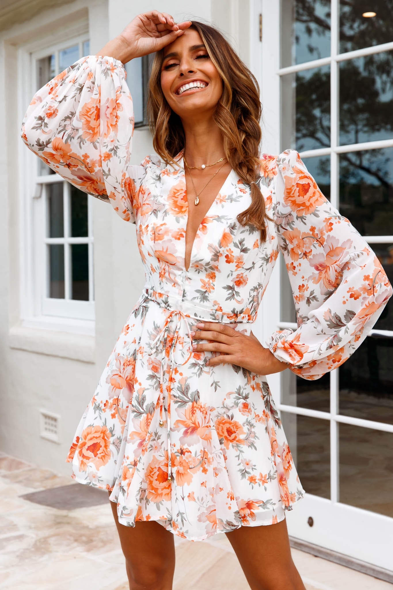 Estelle Long Sleeve V-Neckline Dress Floral Print Orange-Maymioy