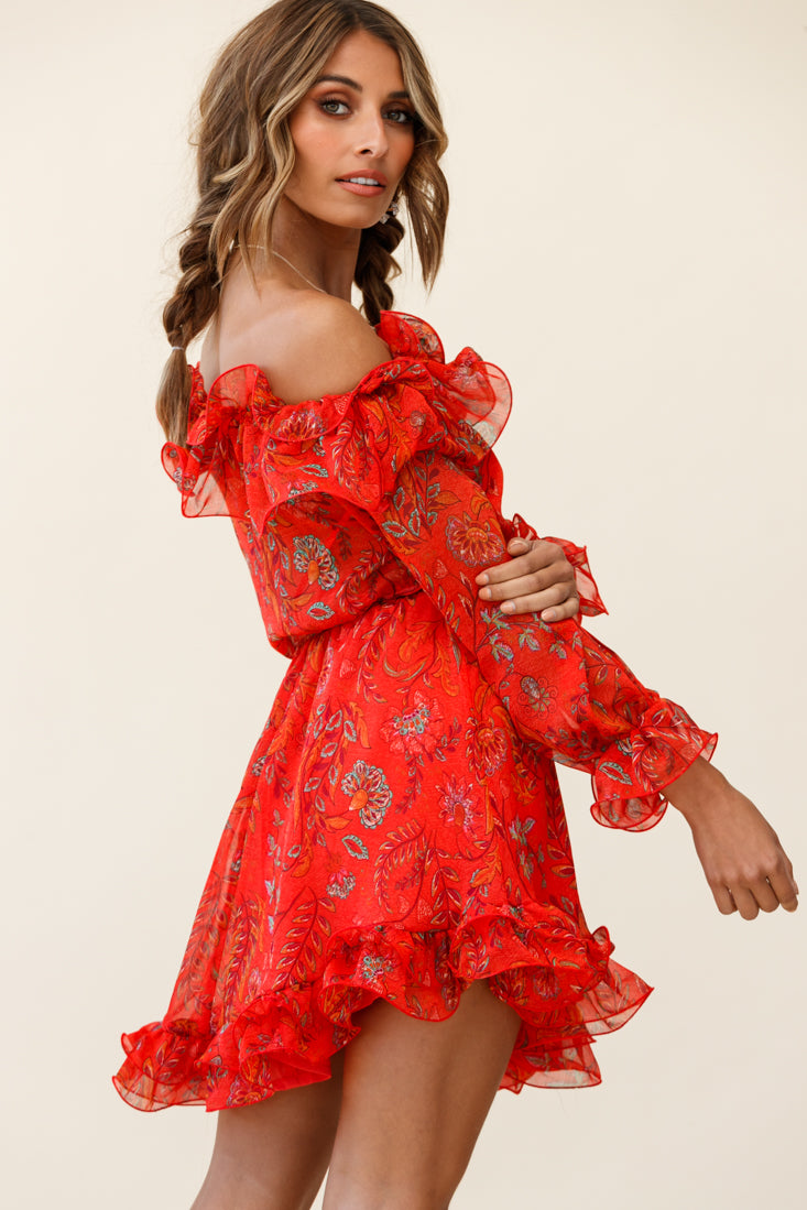 Rhiannon Off-Shoulder Lettuce Frill Dress Floral Print Red-Maymioy