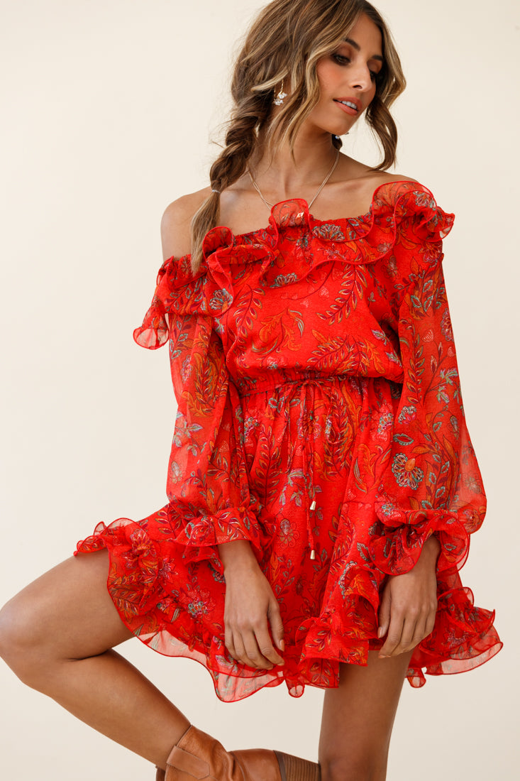 Rhiannon Off-Shoulder Lettuce Frill Dress Floral Print Red-Maymioy
