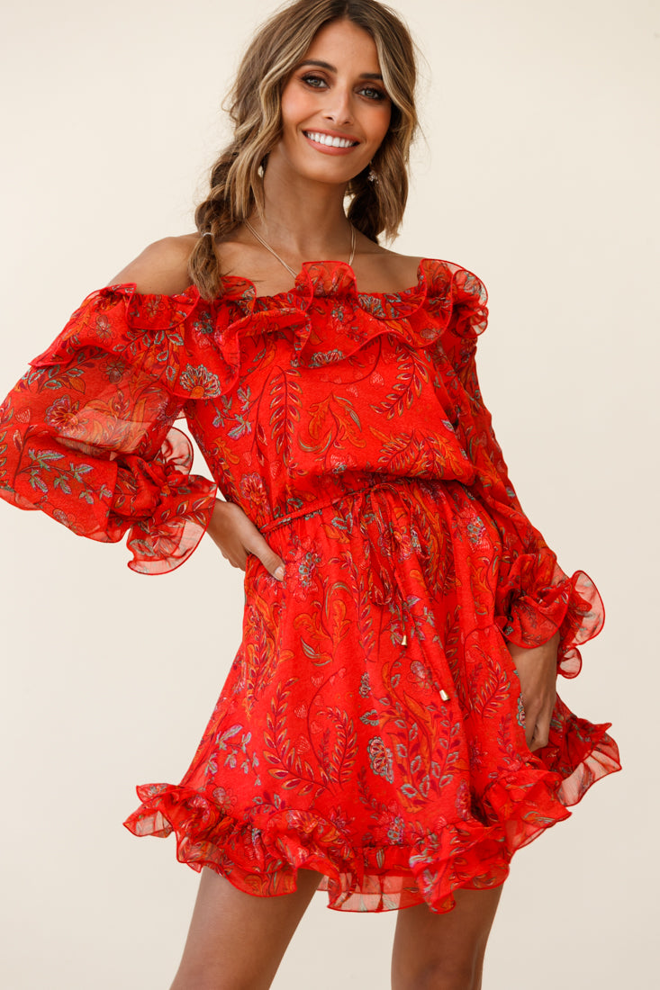 Rhiannon Off-Shoulder Lettuce Frill Dress Floral Print Red-Maymioy