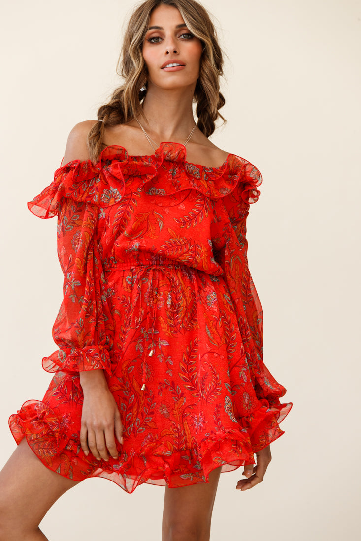 Rhiannon Off-Shoulder Lettuce Frill Dress Floral Print Red-Maymioy