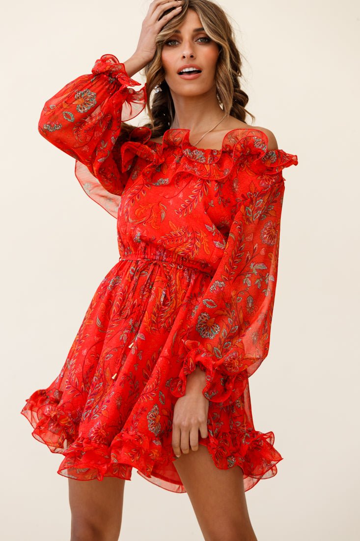 Rhiannon Off-Shoulder Lettuce Frill Dress Floral Print Red-Maymioy