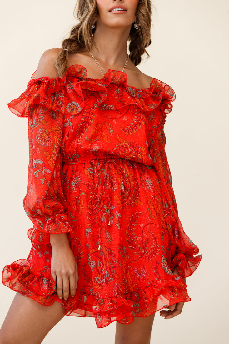 Rhiannon Off-Shoulder Lettuce Frill Dress Floral Print Red-Maymioy