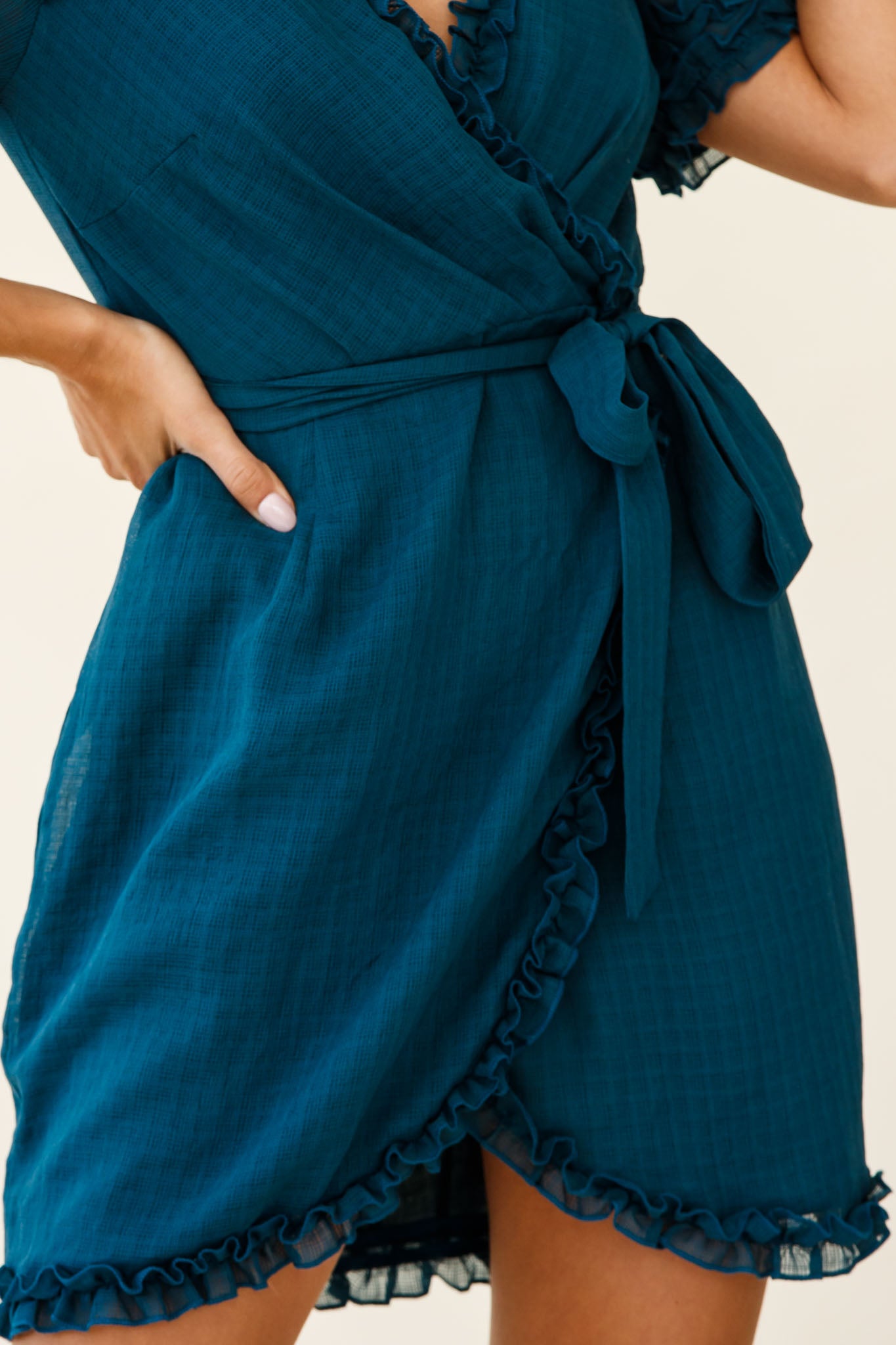 Shandra Short Sleeve Frill Trim Wrap Dress Teal-Maymioy