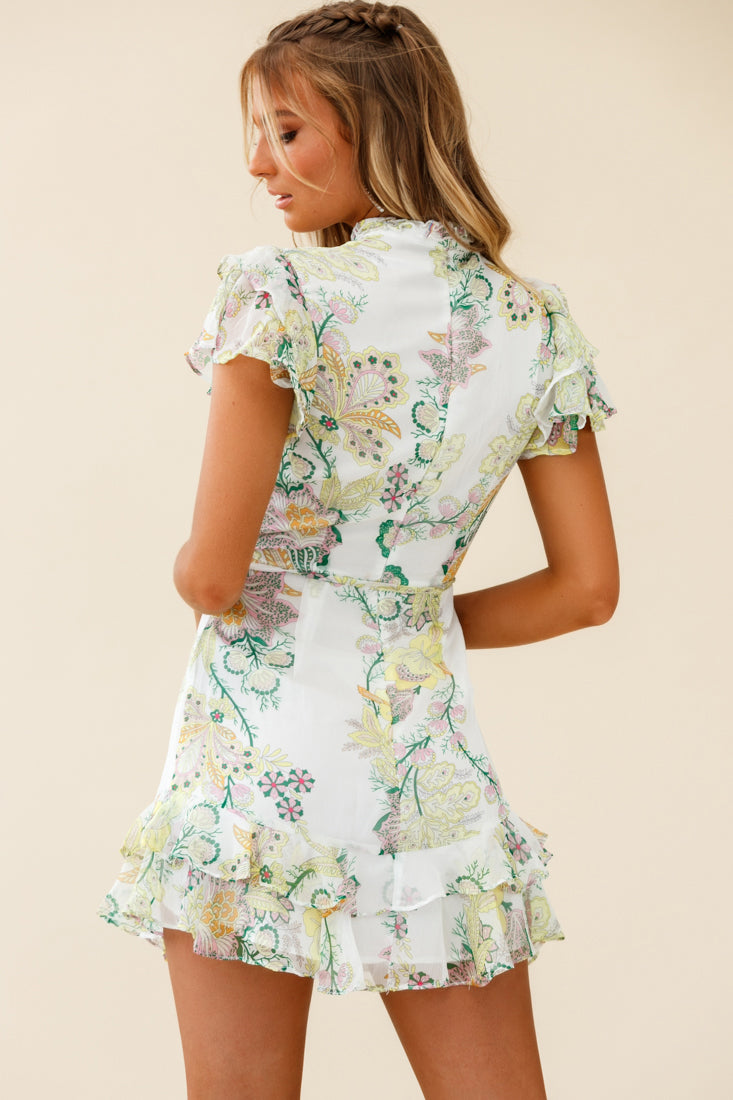 Lark High Neck Ruffle Sleeve Floral Print Dress Green-Maymioy