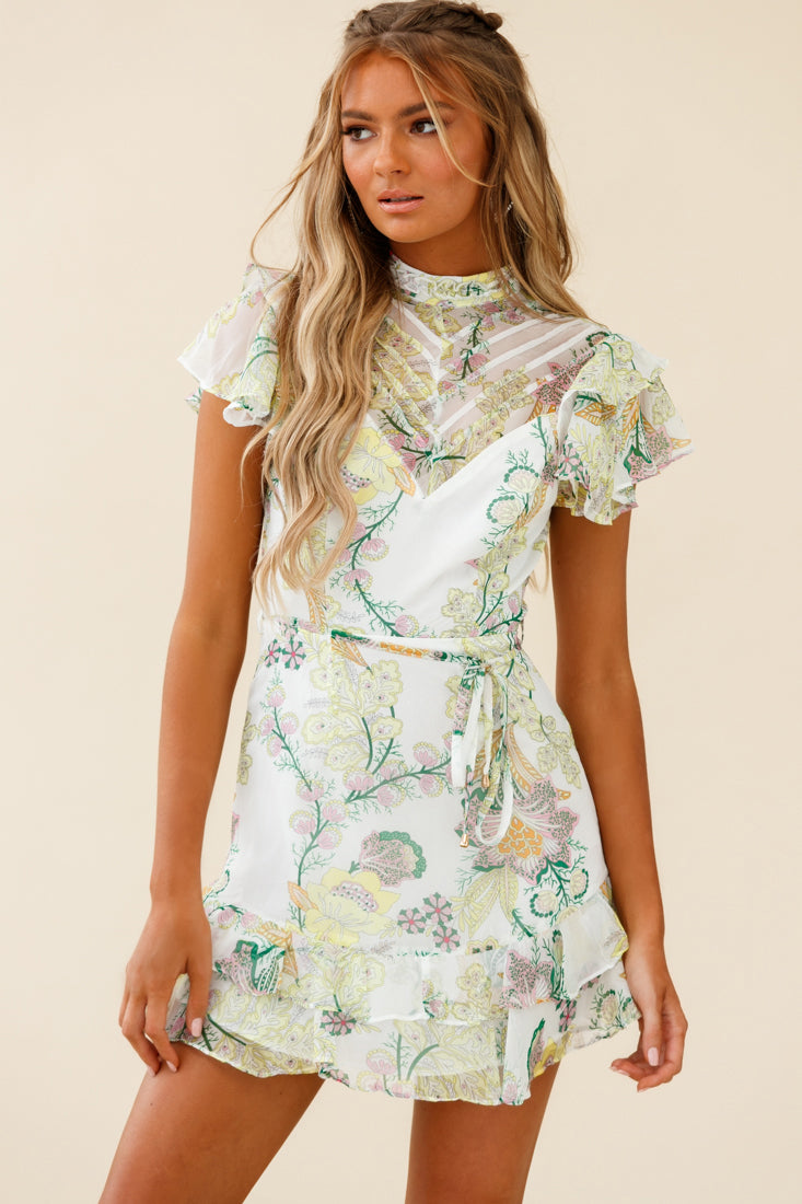 Lark High Neck Ruffle Sleeve Floral Print Dress Green-Maymioy