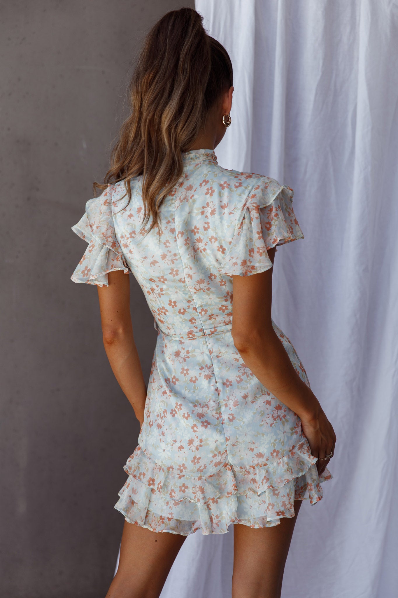 Lark High Neck Ruffle Sleeve Dress Flower Print Aqua-Maymioy