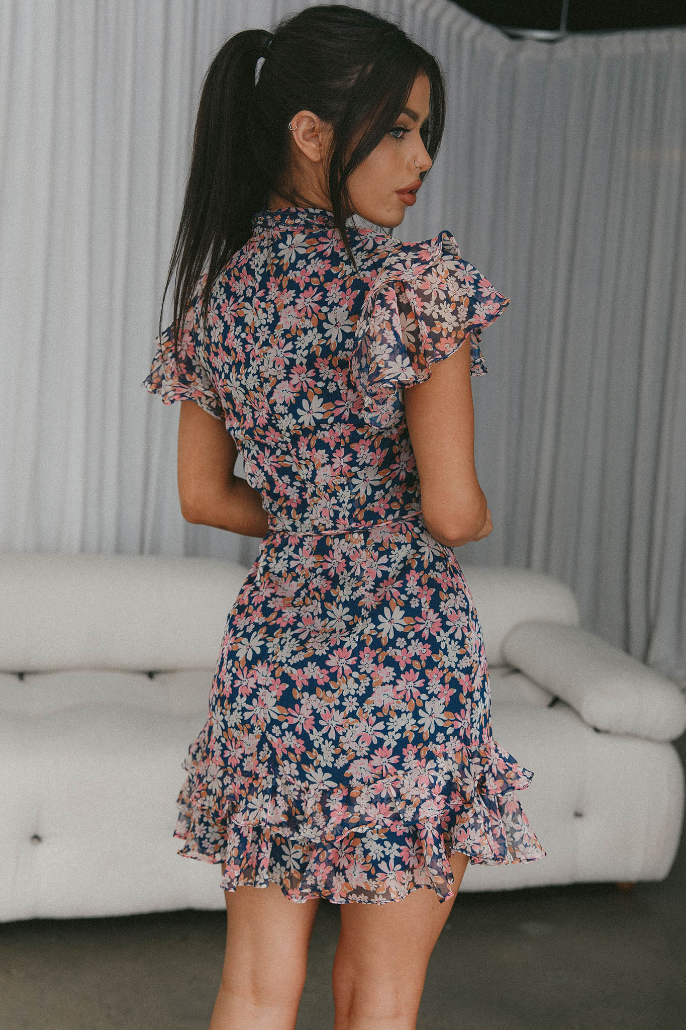 Lark High Neck Ruffle Sleeve Dress Flower Print Navy-Maymioy