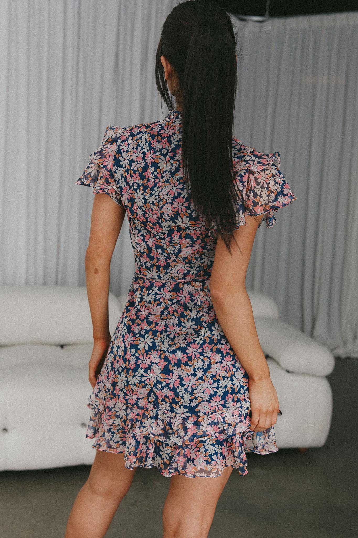 Lark High Neck Ruffle Sleeve Dress Flower Print Navy-Maymioy