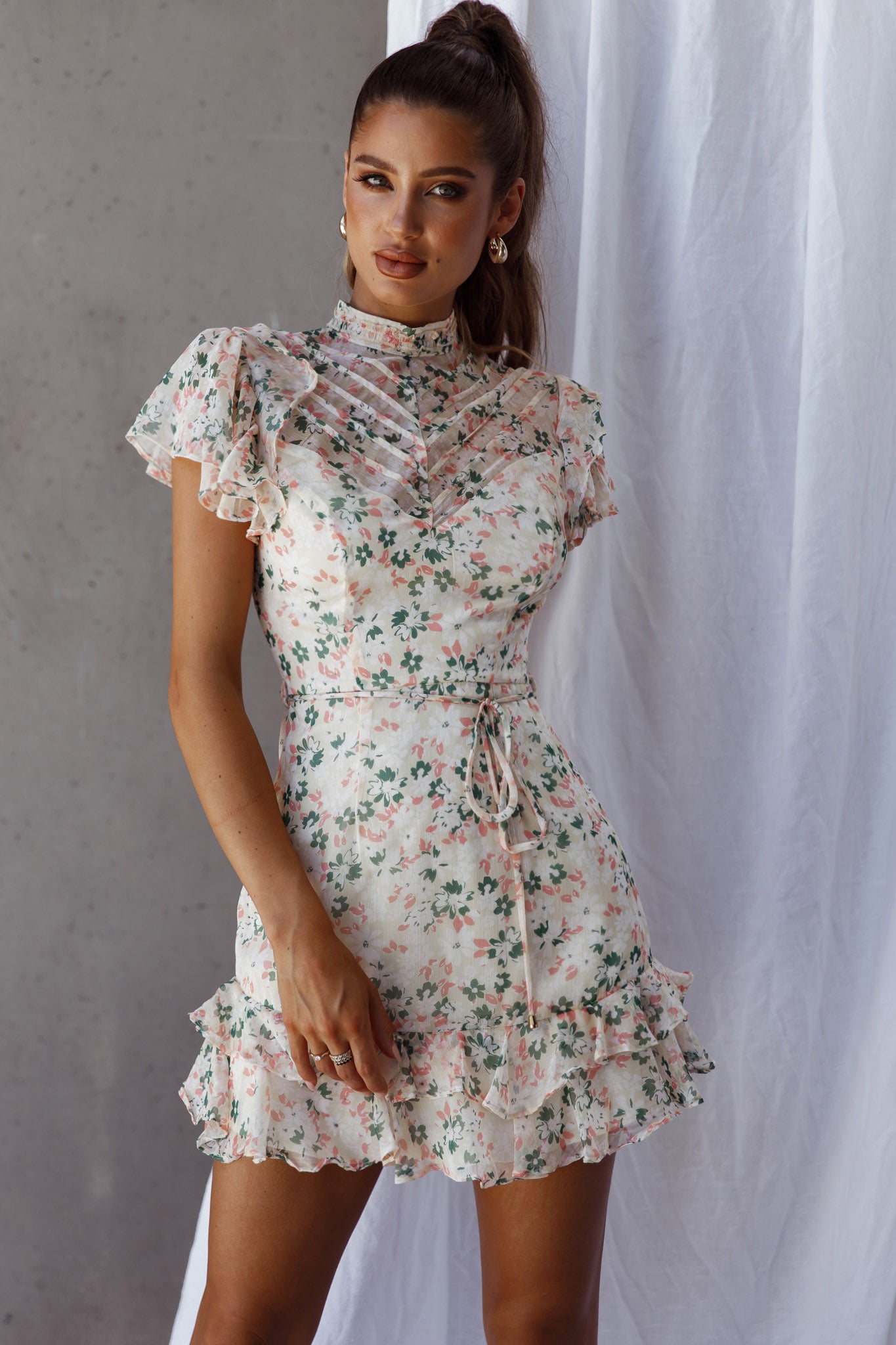 Lark High Neck Ruffle Sleeve Dress Flower Print Yellow-Maymioy