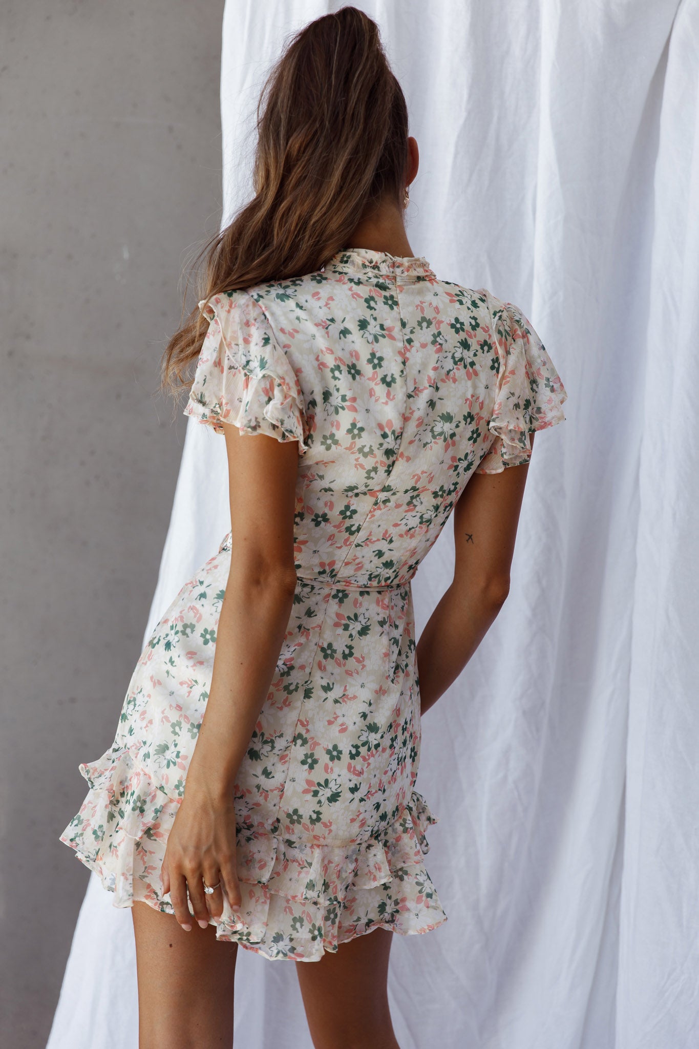 Lark High Neck Ruffle Sleeve Dress Flower Print Yellow-Maymioy